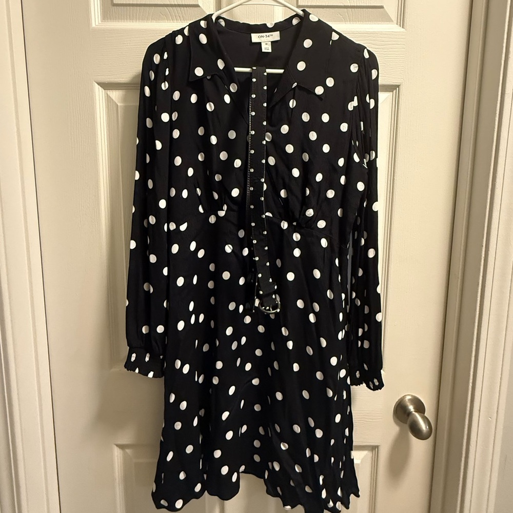 On 34th Black & White Polka Dot Mini Dress + Belt — Size 10 - Picture 2 of 4